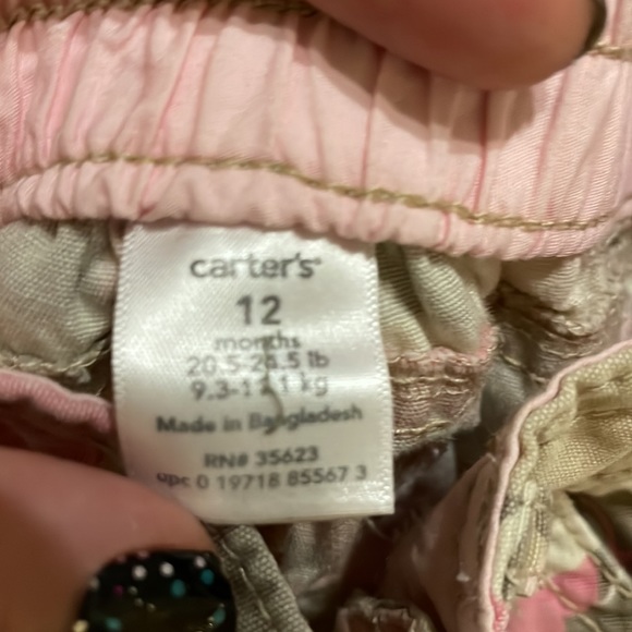 Girls carters 12 month army butterfly pants pink green khaki excellent conditio - Picture 3 of 3